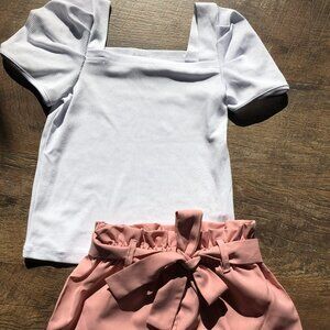 AMMENGBEI Toddler Little Girl Square Neck Puff Short Sleeve Top Waist Shorts Set